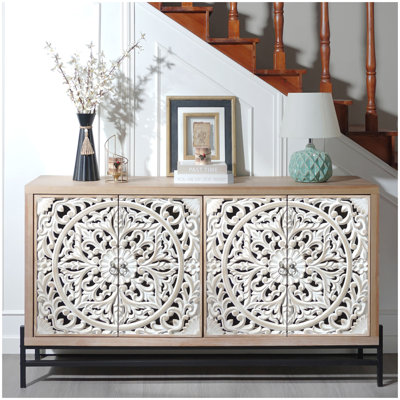 4 Door Wood Cabinet, Vintage Carved Wood 4-Door Cabinet with Metal Base Elegant Storage Sideboard for Living Room, Bathroom,Entryway and Kitchen