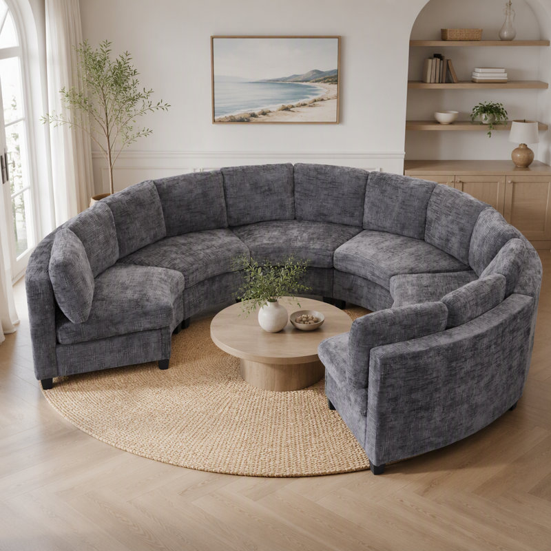 Canapé modulaire courbé 6 places, canapé rembourré en chenille avec structure intérieure en bois massif, coussins en mousse et ressorts, pieds en plastique, 4 couleurs pour le salon