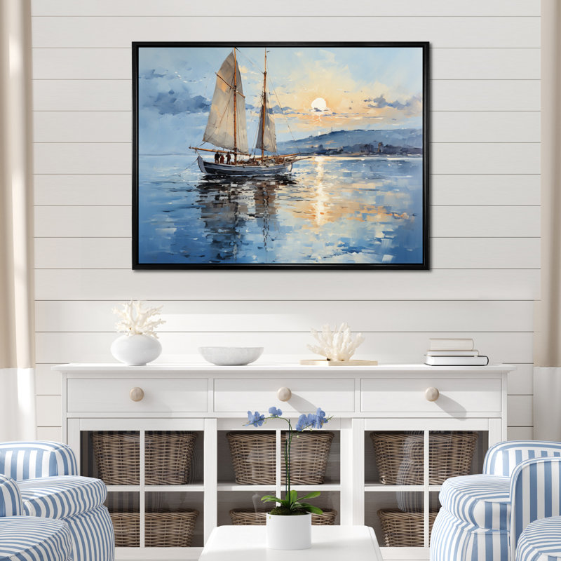 Bateau, voile, reflets I - art encadré de bateau côtier, Cadre flottant noir, H 24 po x l 32 po x P 1 po