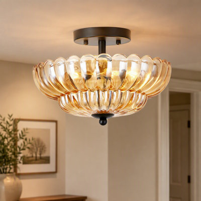 Plafonnier semi-encastré, luminaire de plafond en verre ambré