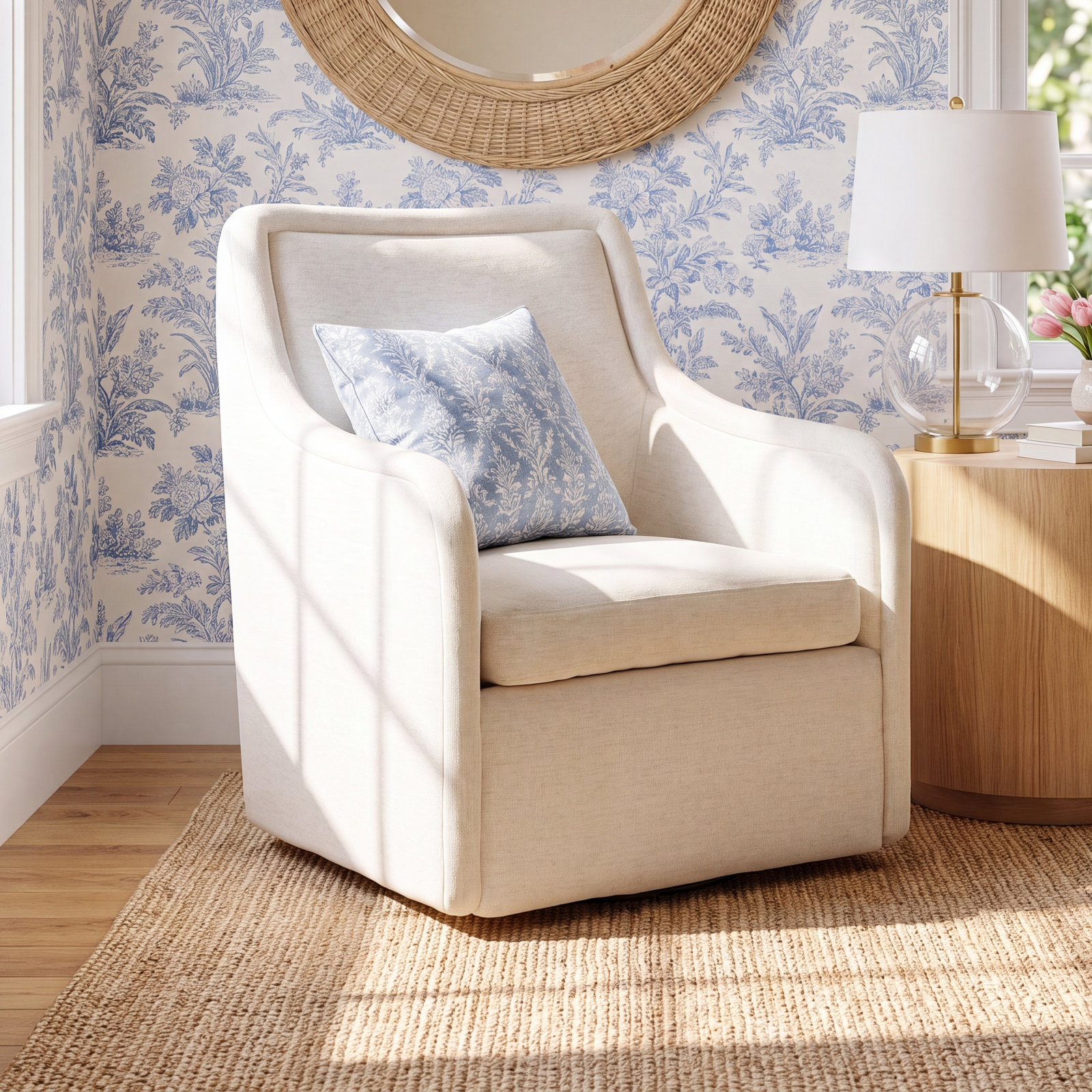 Mortola Pine Swivel Wingback Chair, Crypton Nomad Snow