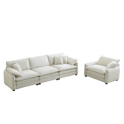 Ensemble de canapé de style Mid-Century moderne, deux, un canapé 3 places et un canapé simple avec 2 accoudoirs et 4 coussins décoratifs, ensemble de canapé 2 pièces pour le salon, tissu en velours côtelé beige