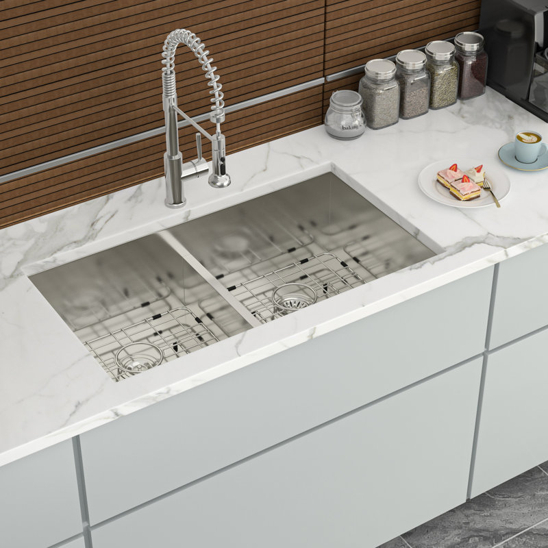 Double Bowl Undermount Kitchen Sink 33"X19", Stainless Steel 16 Gauge, 10" Deep Basin, Condensation Coating And Soundproofing 33"X19" Sink, Installation, Inside