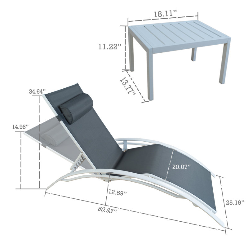  Ensemble de 2 chaises de patio inclinables réglables en aluminium recouvertes de PVC avec coussins, Gris, Blanc