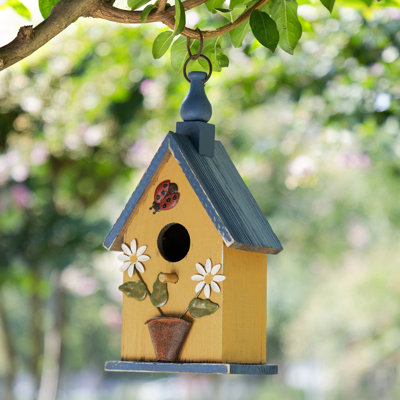 Distressed Solid Wood Cottage Birdhouse With Bees & Flowers, Washed Yellow, 12.25"H