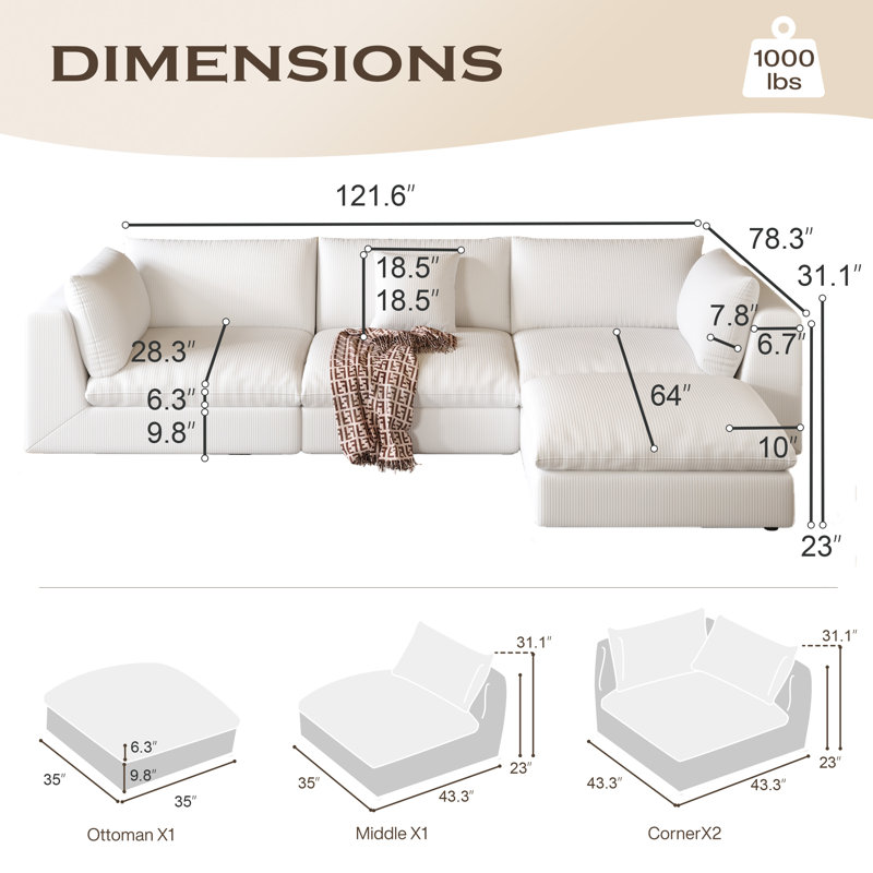 121.6''  4 Piece Cloud Sectional Modular Sofa with Ottoman, White Velvet