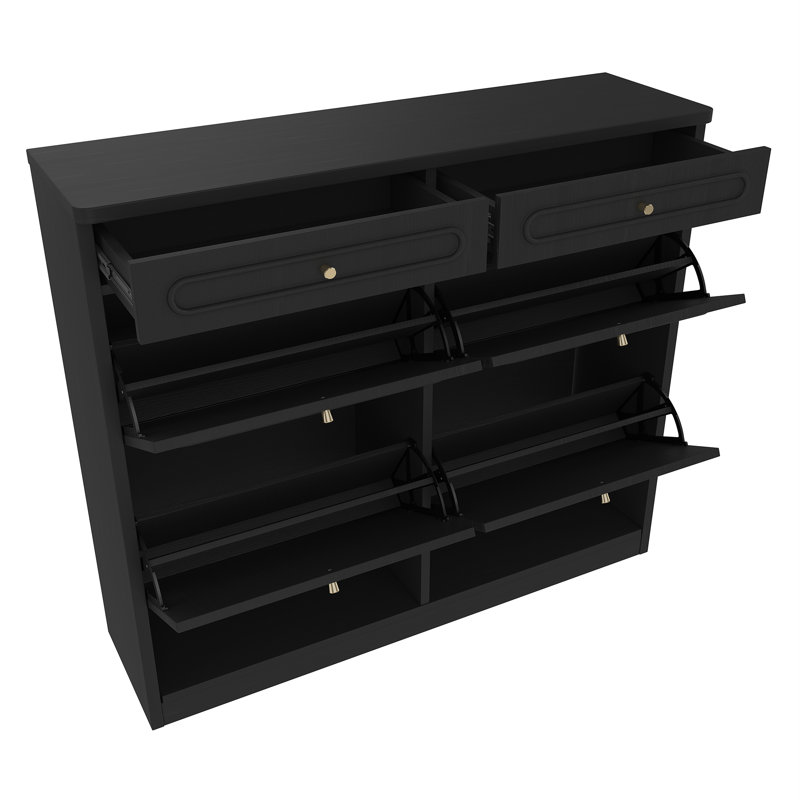 Wooden Shoe Cabinet with 4 Flip Drawers & 2 Storage Drawers, Farmhouse Shoes Rack for Entryway & Hallway, Black, Black