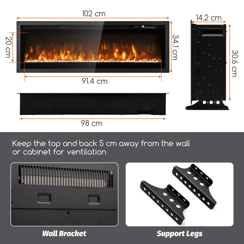 Metro Lane Black Electric Fireplace, 34.1cm H x 102cm W x 14.2cm D