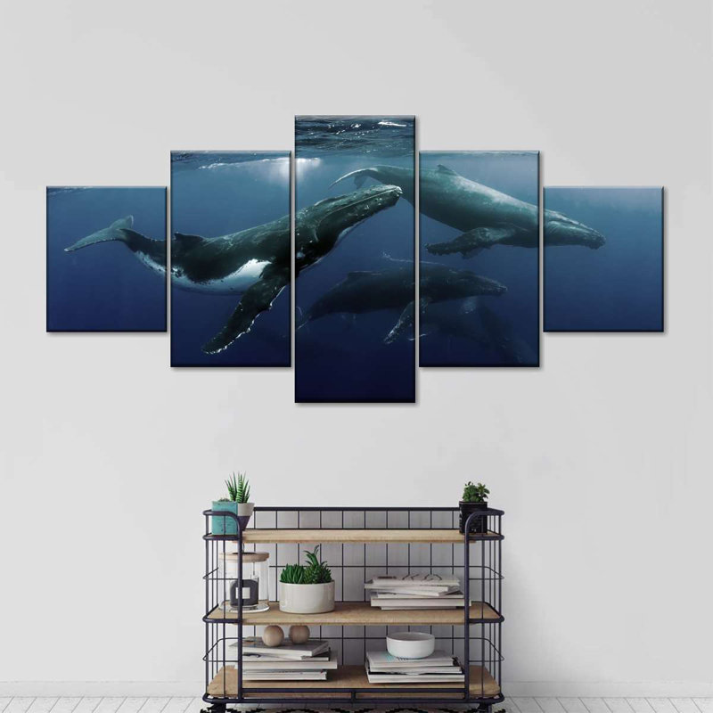 Baleines à bosse - Ensemble de 5 toiles tendues, H 24 po x l 55 po x P 1,25 po