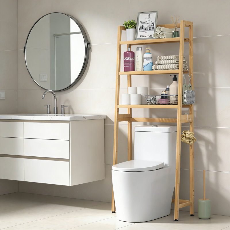 Bamboo 3-Tier Over The Toilet Storage Cabinet Freestanding With 3 Hooks Natural, Natural