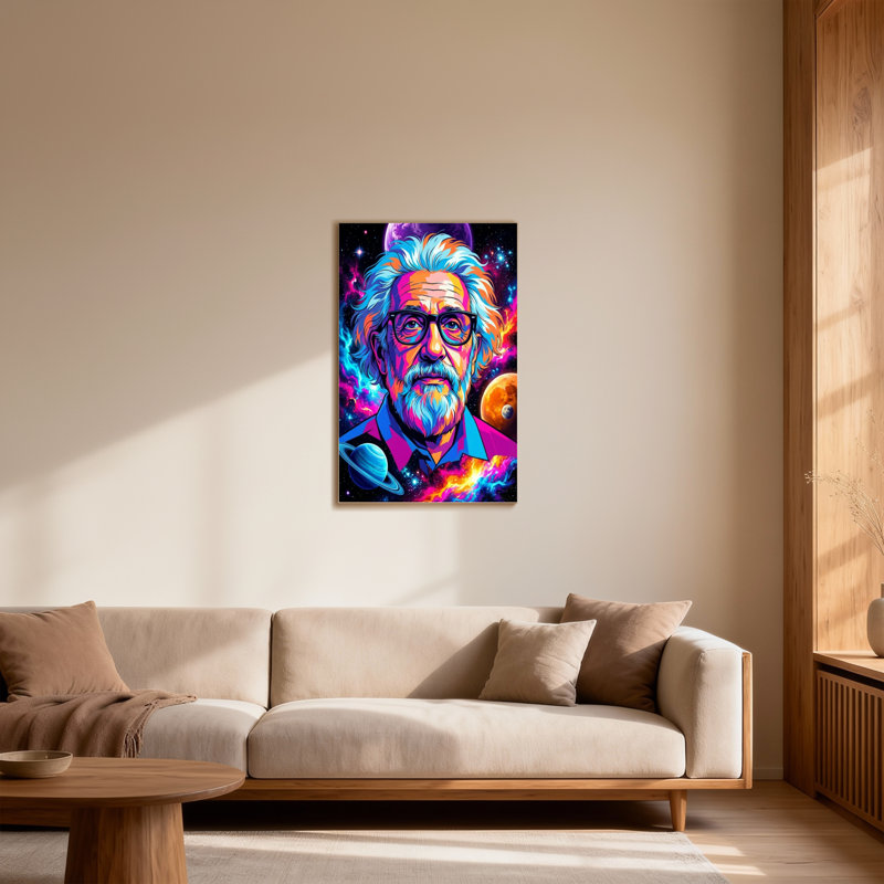 Portrait d'Einstein cosmique avec planètes et galaxies, H 30 po x l 20 po