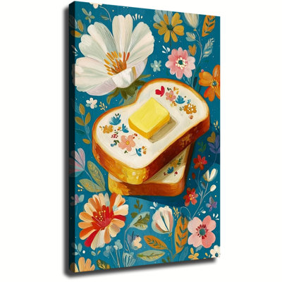 Tableau grand format sur toile tendue représentant un cœur beurré entouré de fleurs sauvages, dans un style art populaire, idéal pour le salon ou la chambre.