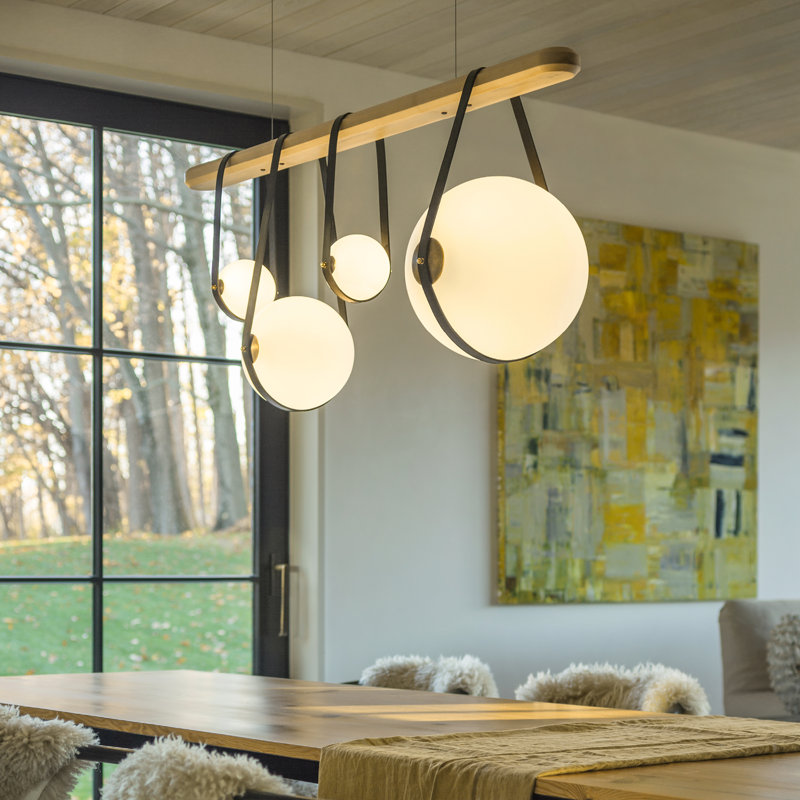 Derby 4 - Light Kitchen Island Linear LED Pendant, Polished Nickel, Chestnut Leather, Black Wood