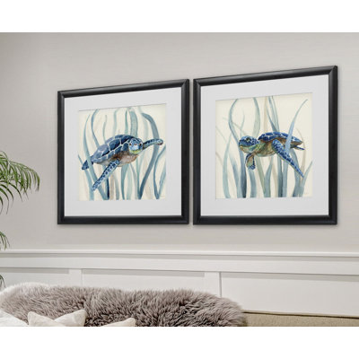 «Turtle in Seagrass I», reproduction d'art graphique encadrée 2 pièces
