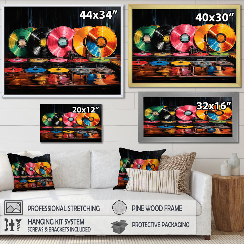 Colorful Colorful Serenade II - Disques vinyle, art mural, H 12 po x l 20 po x P 1 po, Cadre flottant doré