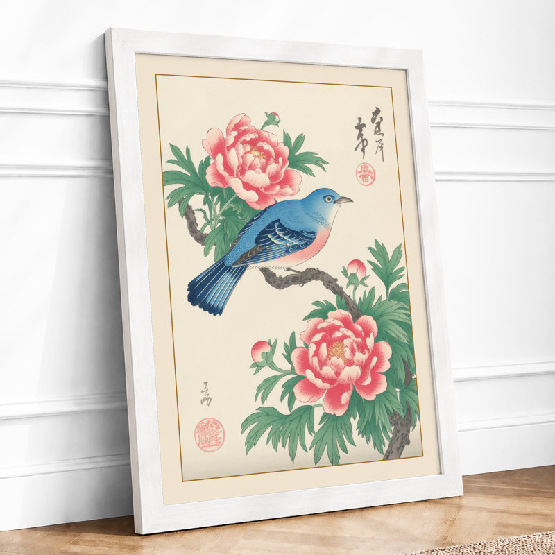Blue Bird Among Peonies Japandi - Print, A4 - 29.7 x 21.0 cm, White