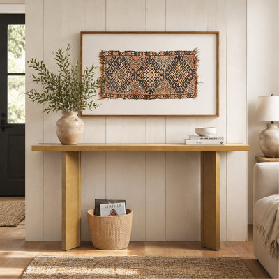 Pine Veneer Console Table, Modern Entryway Sofa Table with Geometric Metal Legs for Living Room Study Dining Room