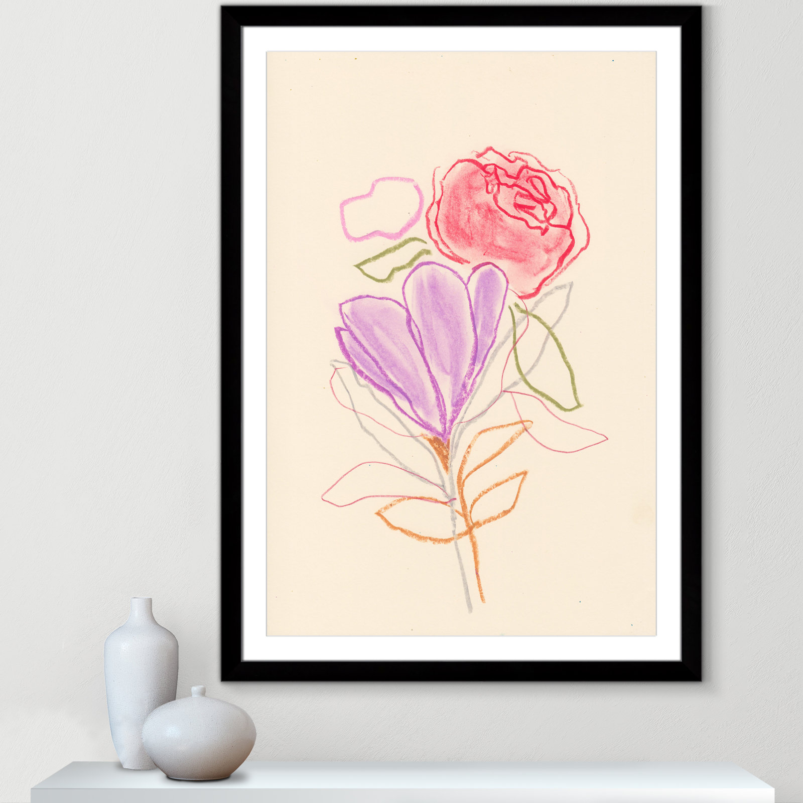 Simple Floral "Simple Floral III" Print, Black Single Picture Framed Paper, White, 49" H x 35" W x 1.25" D
