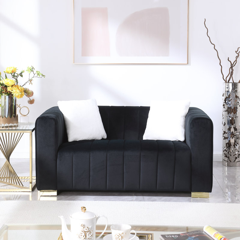 Causeuse à accoudoirs carrés en velours 62,6 po avec 2 coussins Clifford, Doré, Noir, H 27,56 po x l 62,6 po x P 33,86 po