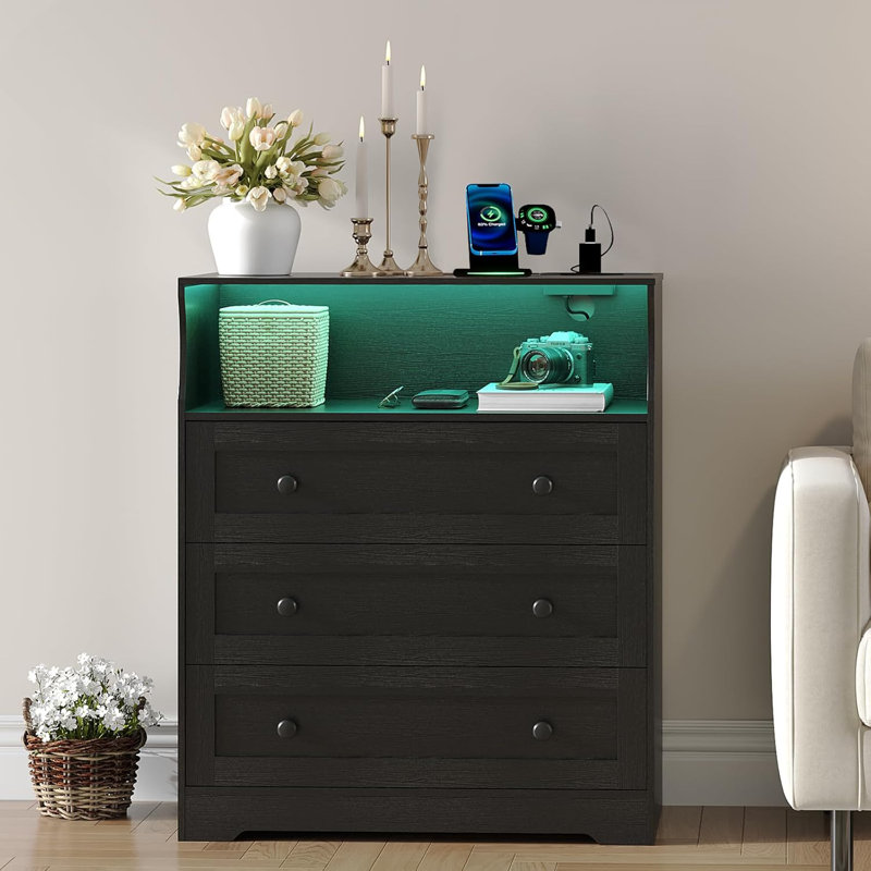 Commode 3 tiroirs avec lumières DEL, Noir
