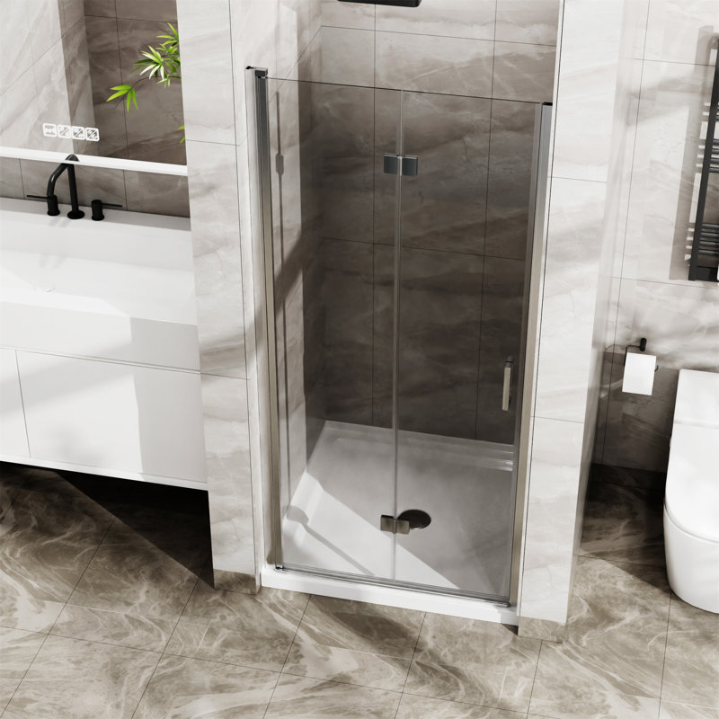 Goodyo 34"X 72" Bifold Frameless Glass Shower Door Combo W/ White Acrylic Shower Base, Silver