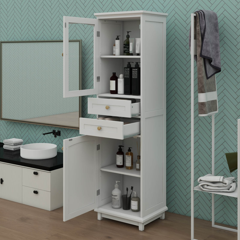 Armoire de rangement autoportante à la mode 63 pouces avec tablette réglable, 2 tiroirs utiles et portes en verre élégantes