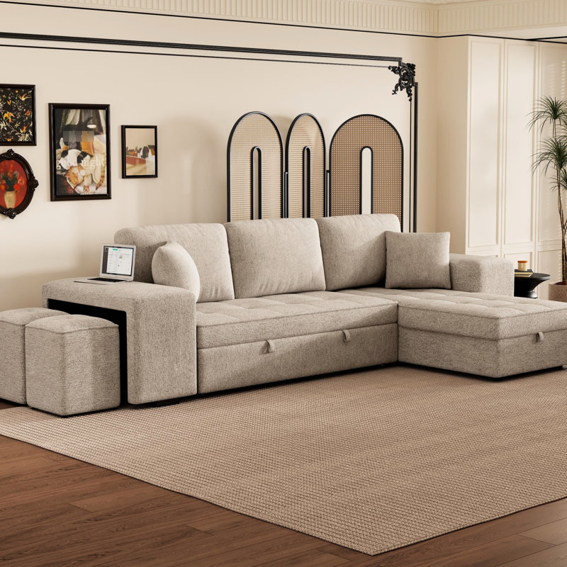 Canapé modulaire moderne en L à 3 places avec canapé-lit et chaise de rangement, 2 tabourets de couleur crème pour le salon, canapé-lit de 104,5 po, méridienne