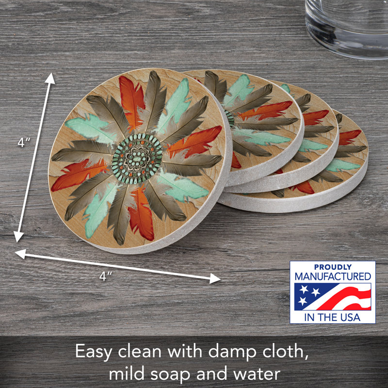 Thirstystone Feather Medallion 4-Pack Natural Sandstone Coaster
