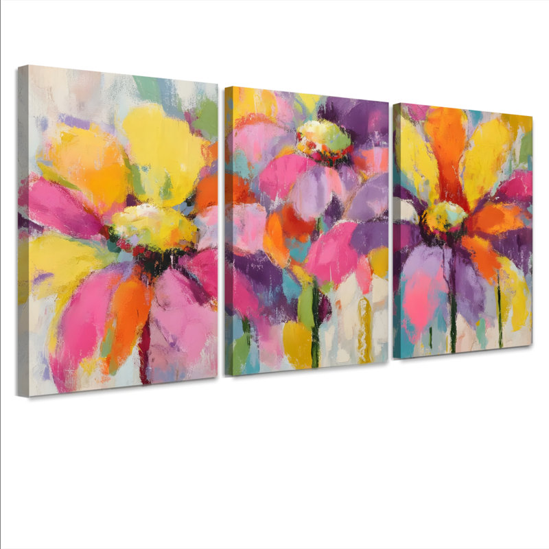Ensemble de 3 toiles abstraites florales aux couleurs vives, H 30 po x l 60 po