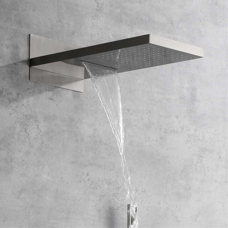 Brushed Nickel Wall Mounted Rain Shower With Dual Waterfall & Rainfall Drops Flow Bathroom Head