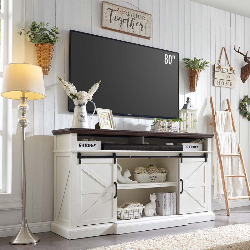 Meuble télé Farmhouse pour téléviseur de 80 po, meuble audio-vidéo de 38 po de hauteur avec armoires de rangement et porte de grange coulissante, meuble média
