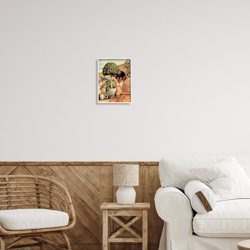 Oranger et scène de poterie par Eduardo, H 14 po x l 11 po x P 1,5 po, Giclée encadrée blanc bord de mer