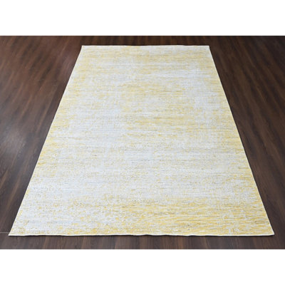Tapis oriental de style moderne 9 pi x 9 pi, jaune, macaron, tissé à la main, en laine et en soie à base de plantes