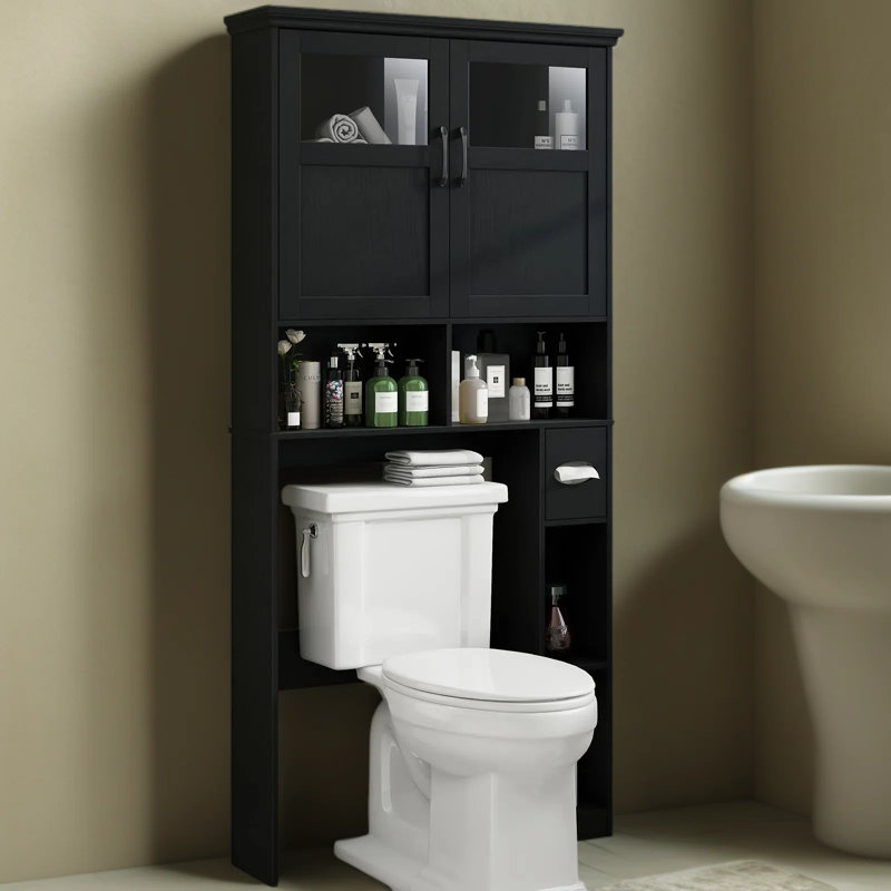 Armoire de rangement au-dessus de la toilette avec portes doubles et porte-papier hygiénique, économiseur d'espace autoportant avec tablette réglable et conception anti-basculement sécuritaire