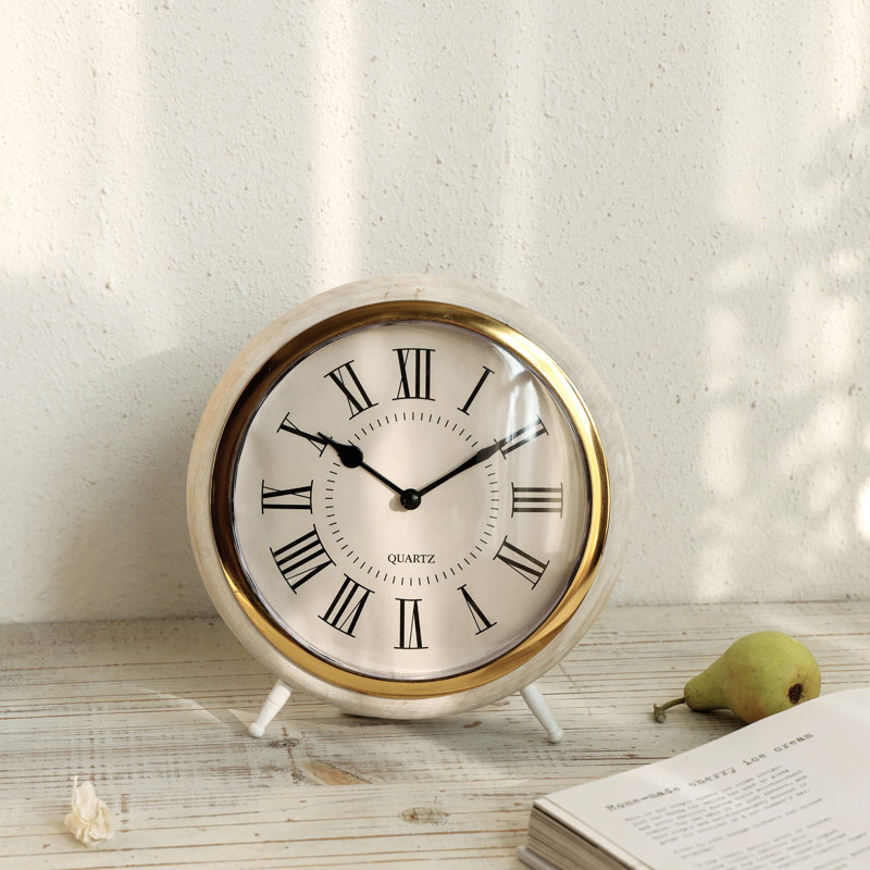 Round Distressed White Analog Wood Quartz Tabletop Clock With Gold Accent