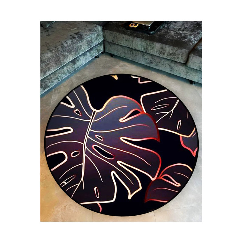 Tapis décoratif à base tissée Black Leaf, Rond 2 pi 8 po