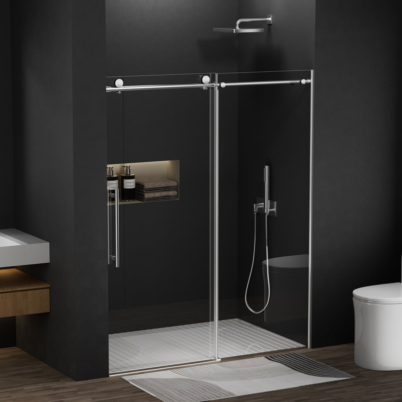 Porte de douche coulissante simple sans cadre de 56 à 60 po x H 75 po avec verre trempé transparent de 5/16 po (8 mm)