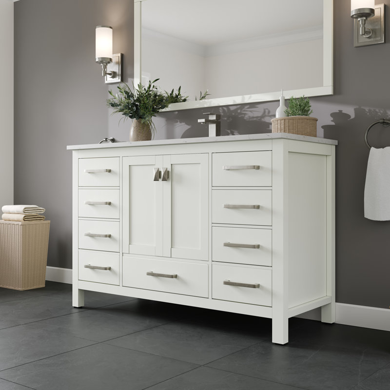 White Solid Wood Bathroom Vanity with Carrara Quartz Countertop