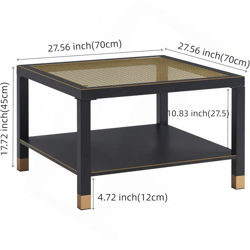 Table basse industrielle carrée - structure en acier noir mat 27,6 po et plateau en verre doré, Noir