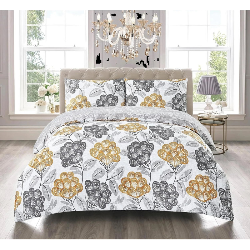 Cotton Floral Duvet Cover Set, King Duvet Cover Set + 3 Additional Pieces, Yellow Floral