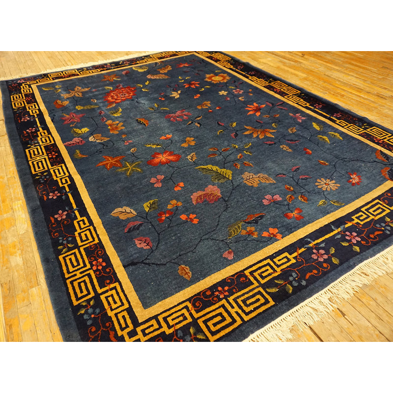 Chinese Antique Knotted Room Size Blue Wool Rectangle 1920s - Art Deco Rug