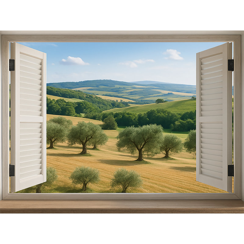 Vue d'Oliveraie - Collines pastorales à travers une fenêtre à volets blancs, H 36 po x l 48 po