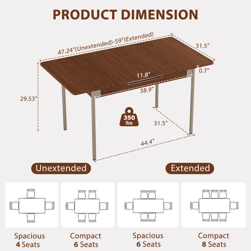 Mid-Century Style Extendable Dining Table with Metal Legs, Ideal for Dining Rooms, Bedrooms and Other Spaces, Brown