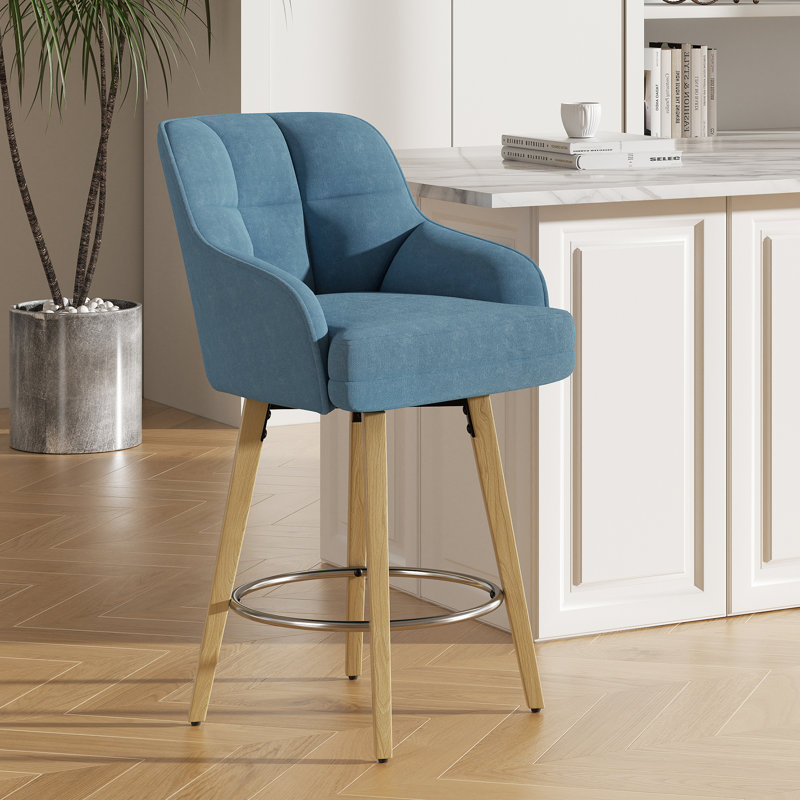 Modern Swivel Bar Stool With Backrest, Armrests And Wood Legs - Counter Height Chair For Kitchen Island, Blue