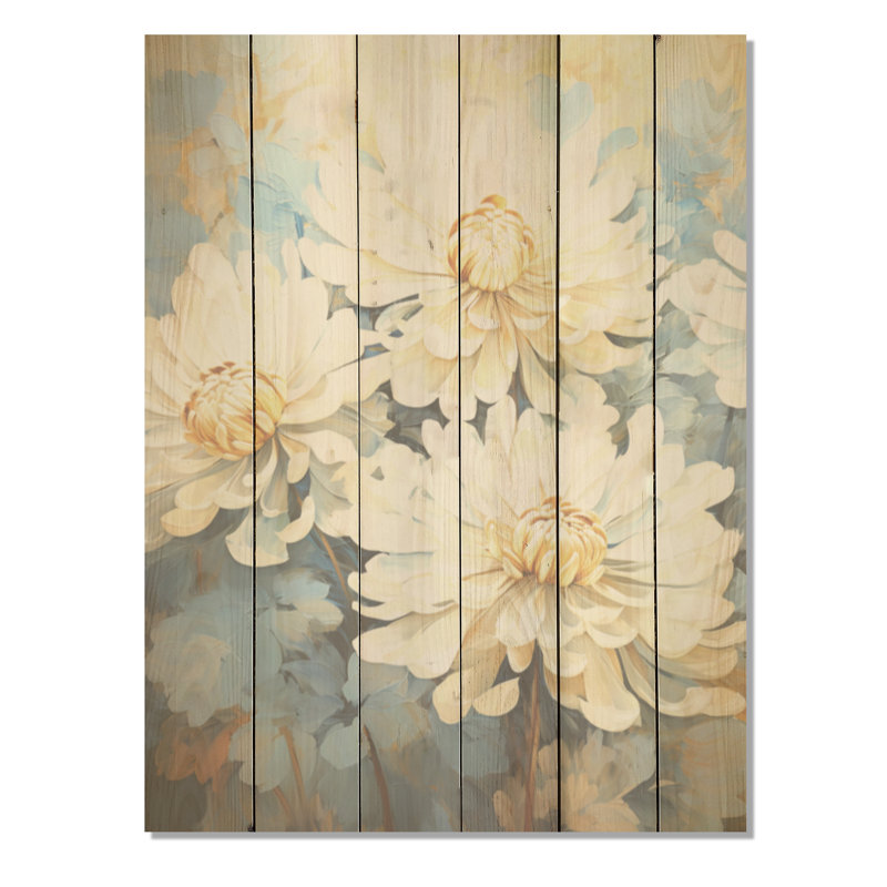 Floraison de mamans blanches sur fond bleu - Art sur bois de pin naturel, H 32 po x l 24 po