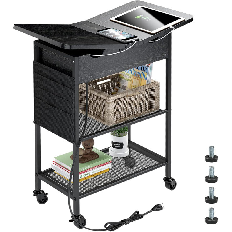 Black Slim Rolling Side Table with Charging Station and Shelves