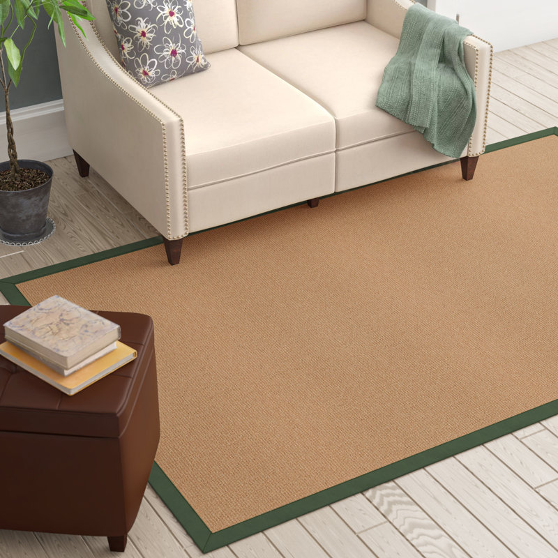 Nannette Handmade Dark Beige Berber with Green Cotton Border Made in the USA Area Rug, Rectangle 5' x 8'