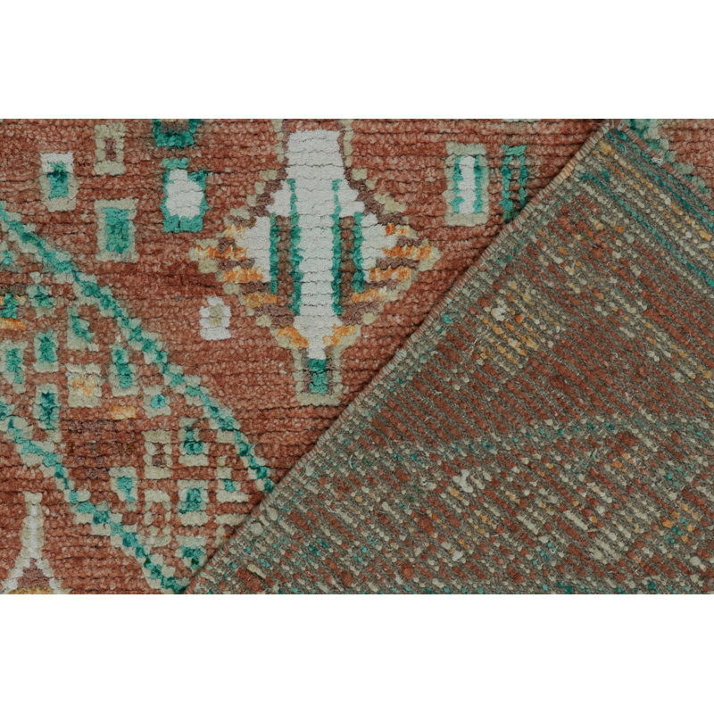 Moroccan Hand Knotted Geometric Area Rug in Red, Green, Orange, Teal, Rectangle 8' x 10'