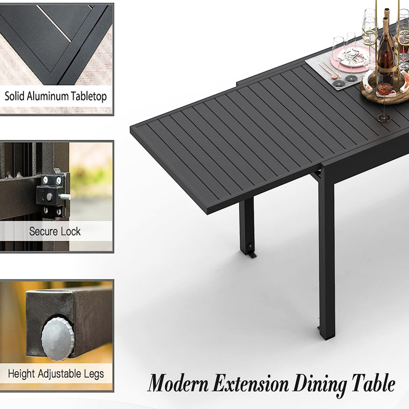 Table de patio extensible pour 6 à 8 personnes, aluminium rectangulaire en métal, noir, bistro de jardin avec véranda, pratique en aluminium