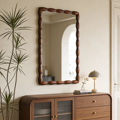 36.02" Mid-century Modern Swirl Wood Frame Mirror - Solid Wood & Mdf Wall-mounted Full-length Mirror, Brown Decorative Mirror For Bedroom/living Room